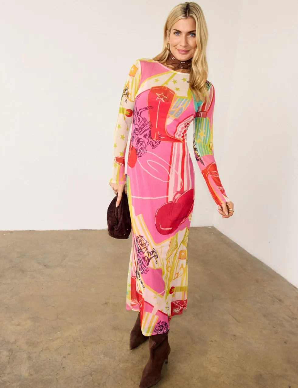 Printed Slash Neck Midaxi Bodycon Dress