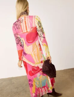 Printed Slash Neck Midaxi Bodycon Dress