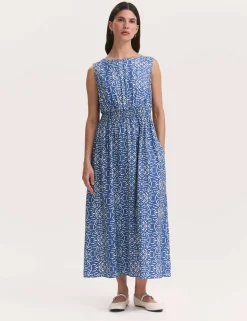 Printed Slash Neck Midi Waisted Dress