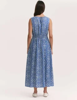 Printed Slash Neck Midi Waisted Dress