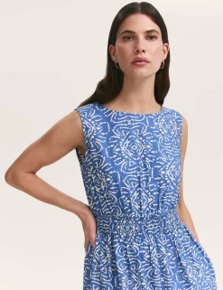 Printed Slash Neck Midi Waisted Dress