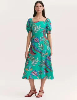 Printed Square Neck Midi Smock Dress