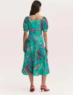Printed Square Neck Midi Smock Dress