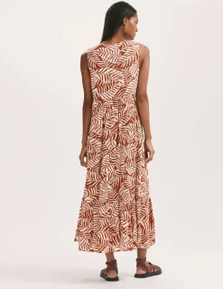 Printed Tie Front Midi Tiered Dress