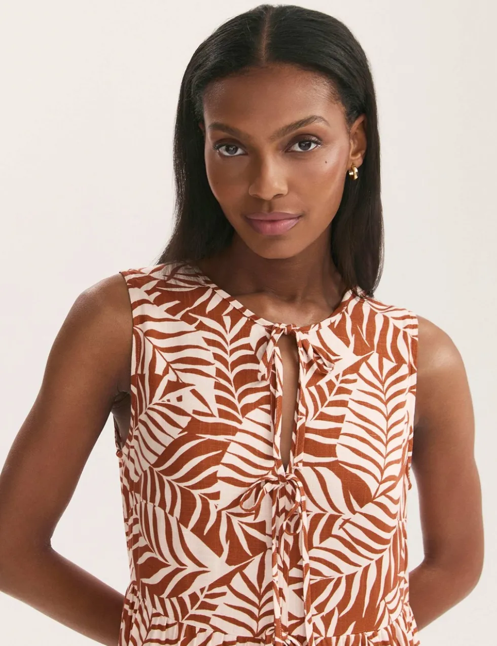 Printed Tie Front Midi Tiered Dress