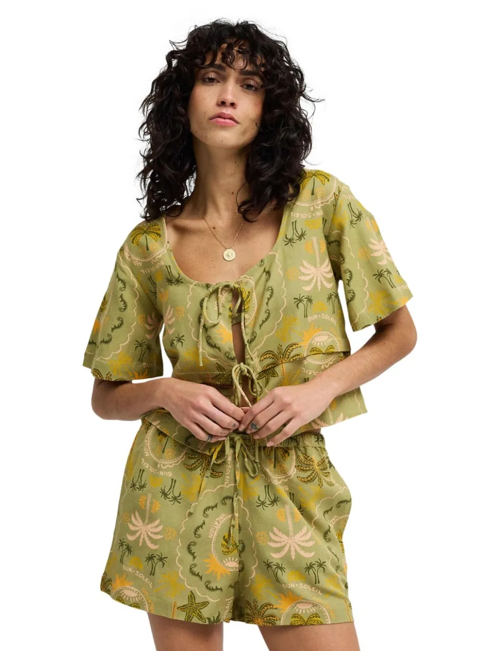Printed Tie Front Shirt with Linen