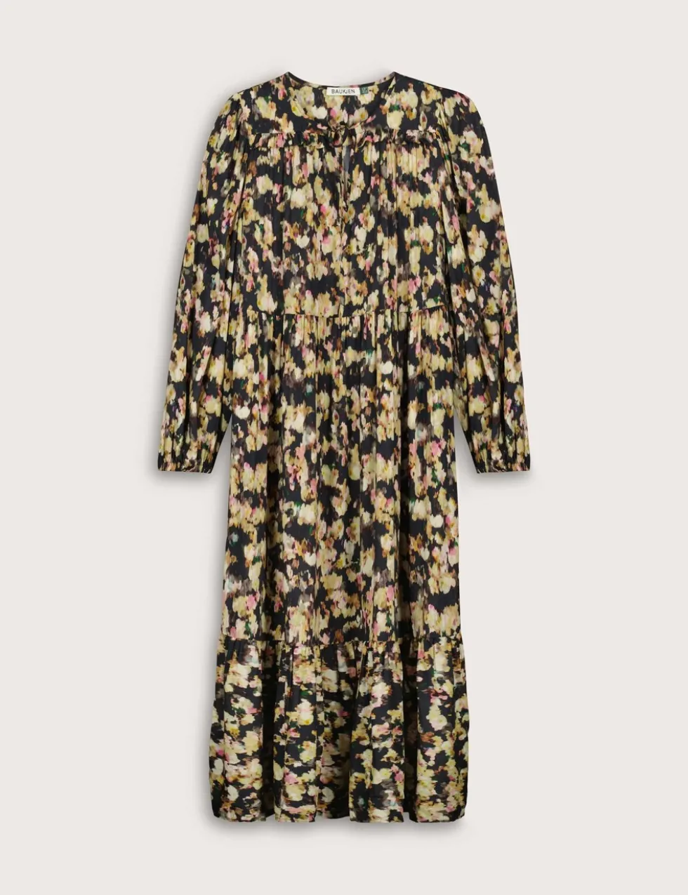 Printed Tie Neck Midi Tiered Dress