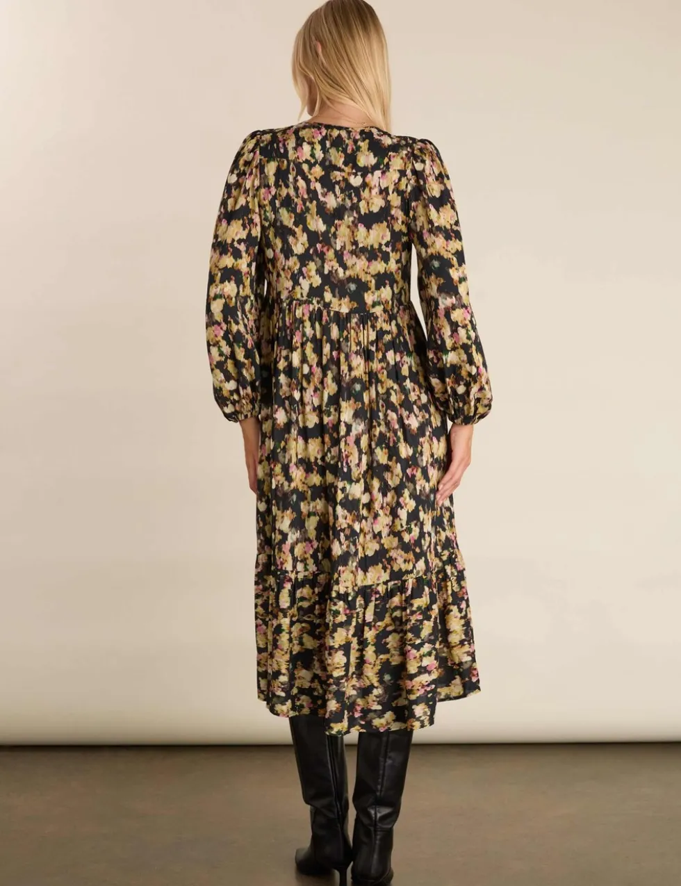 Printed Tie Neck Midi Tiered Dress
