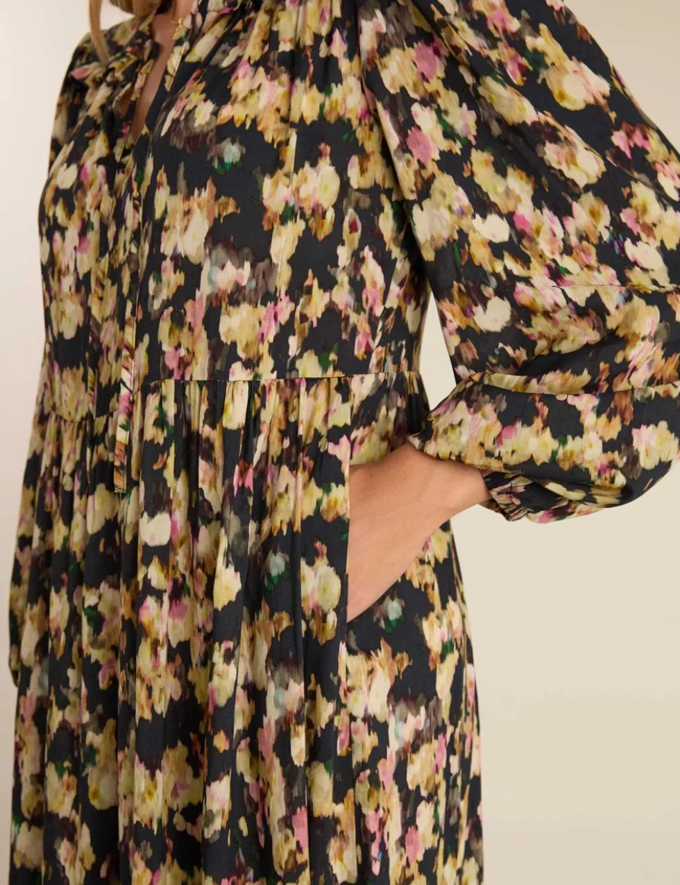 Printed Tie Neck Midi Tiered Dress