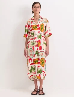 Printed Tie Waist Midi Shirt Dress