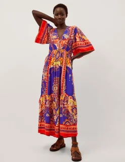 Printed V-Neck Maxi Waisted Dress