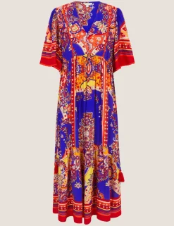 Printed V-Neck Maxi Waisted Dress