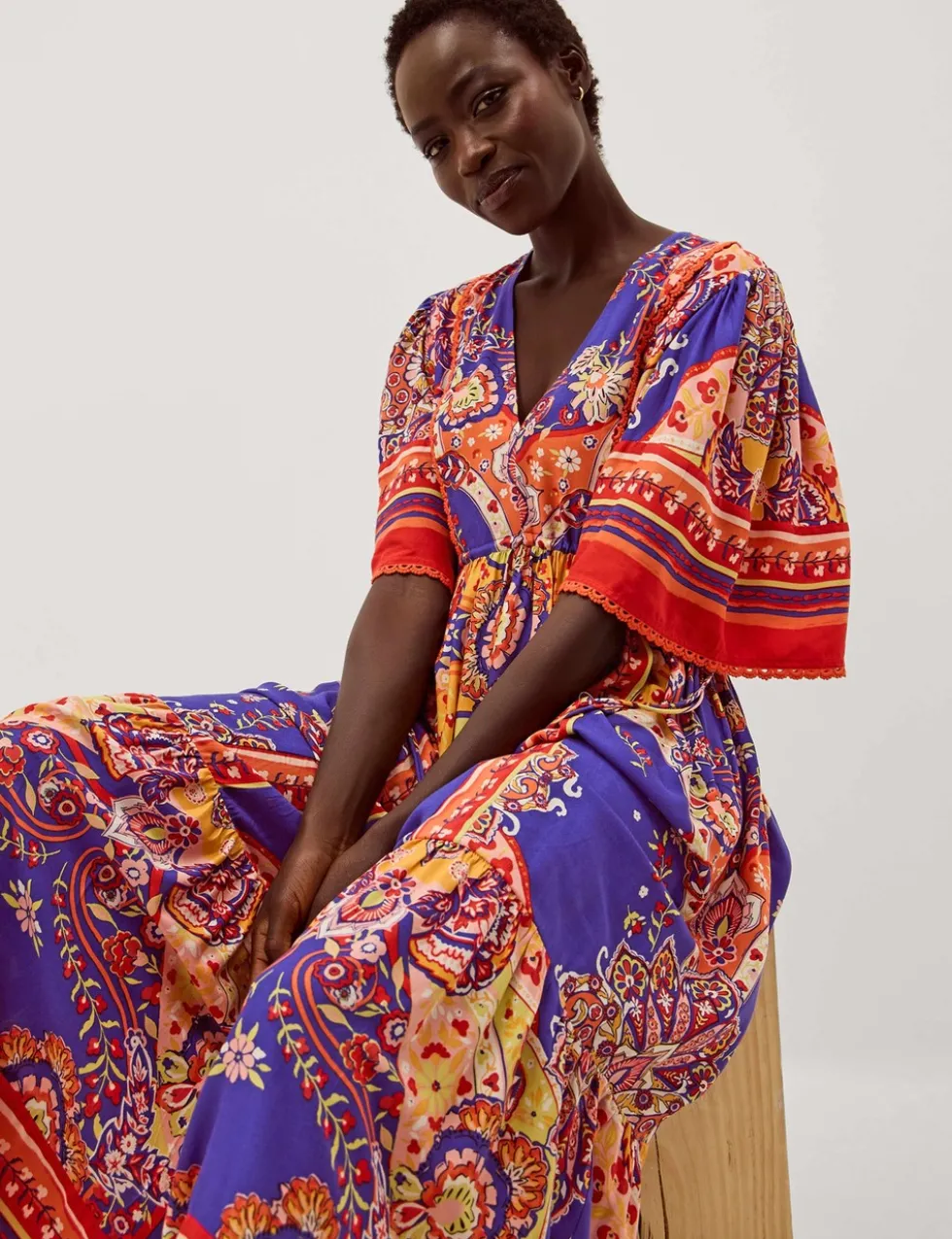 Printed V-Neck Maxi Waisted Dress