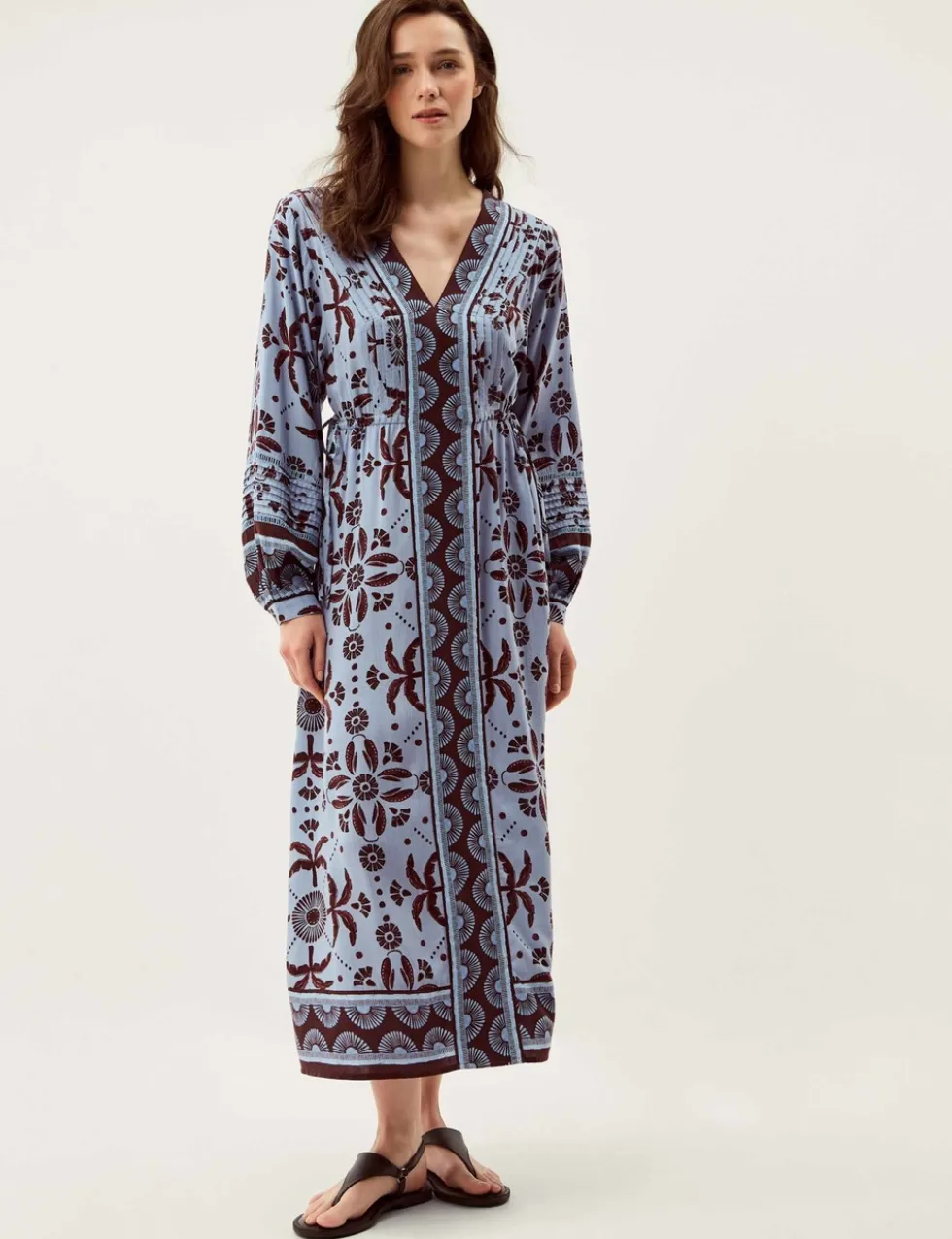 Printed V-Neck Maxi Waisted Dress