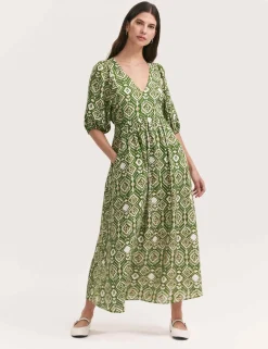 Printed V-Neck Midaxi Smock Dress with Linen