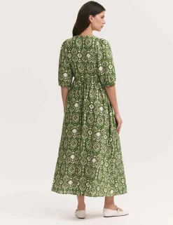 Printed V-Neck Midaxi Smock Dress with Linen