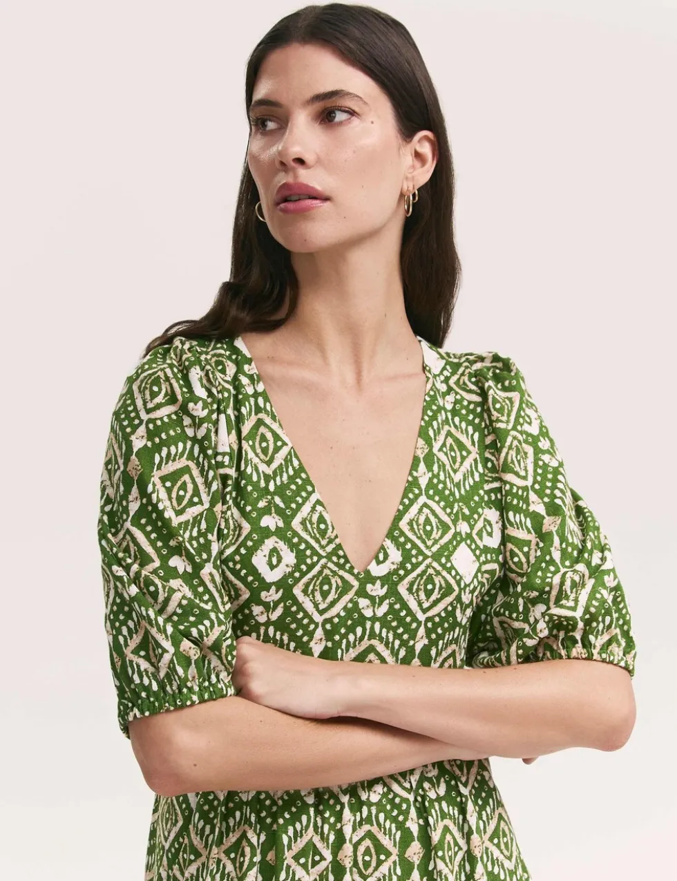 Printed V-Neck Midaxi Smock Dress with Linen