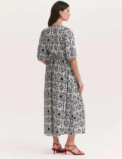 Printed V-Neck Midaxi Smock Dress with Linen