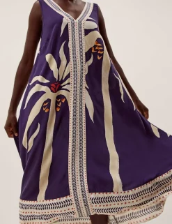Printed V-Neck Midi Kaftan Dress