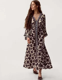Printed V-Neck Midi Kaftan Dress