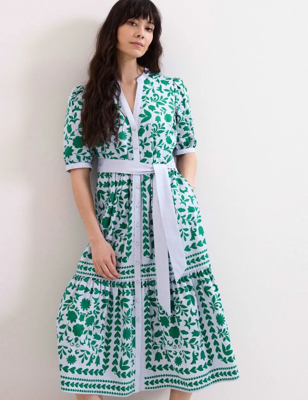 Printed V-Neck Midi Shirt Dress