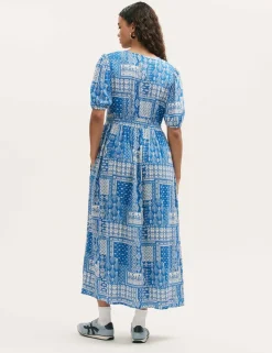 Printed V-Neck Midi Smock Dress
