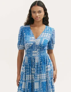 Printed V-Neck Midi Smock Dress