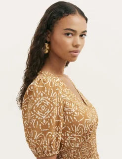Printed V-Neck Midi Smock Dress