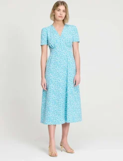 Printed V-Neck Midi Tea Dress