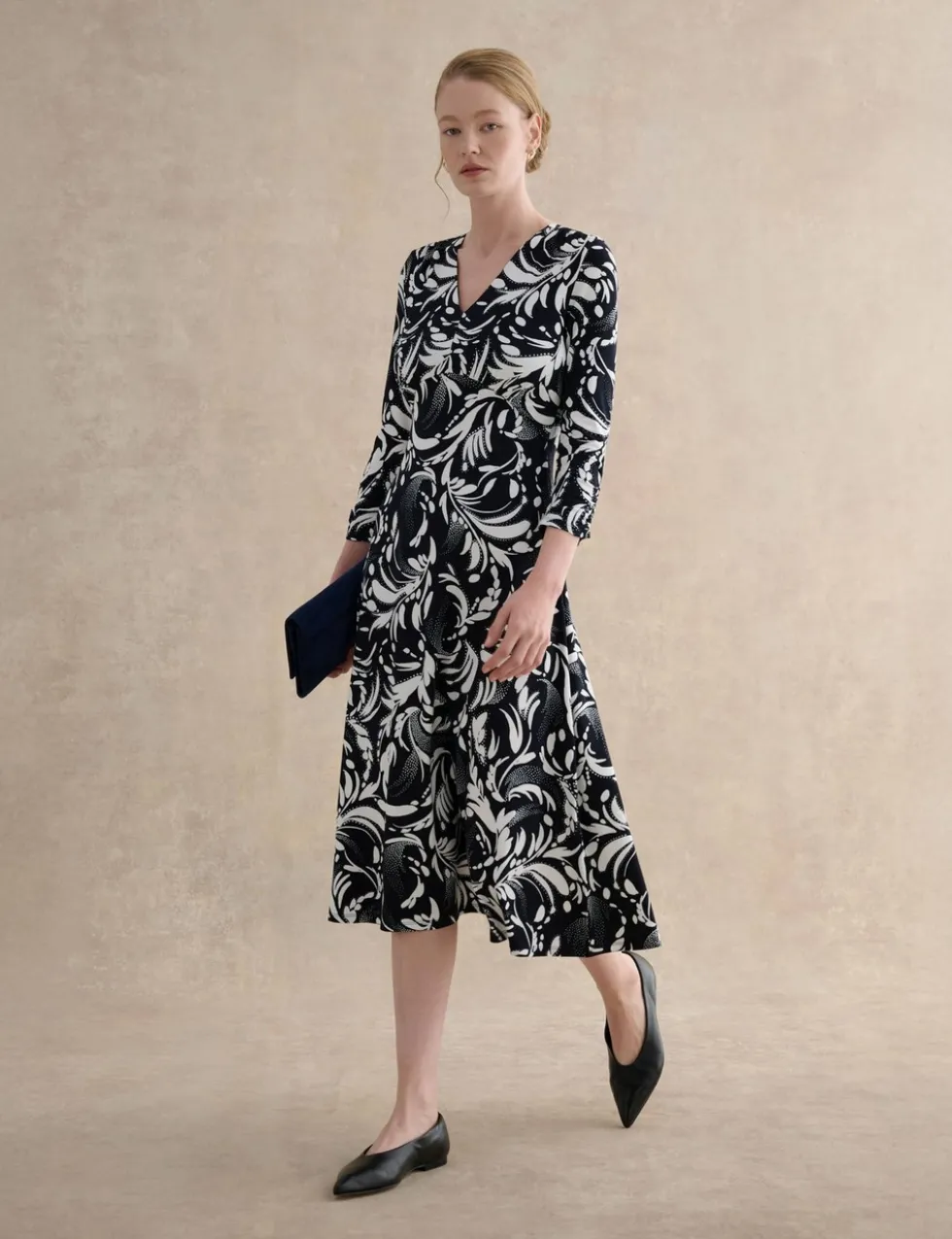 Printed V-Neck Midi Waisted Dress