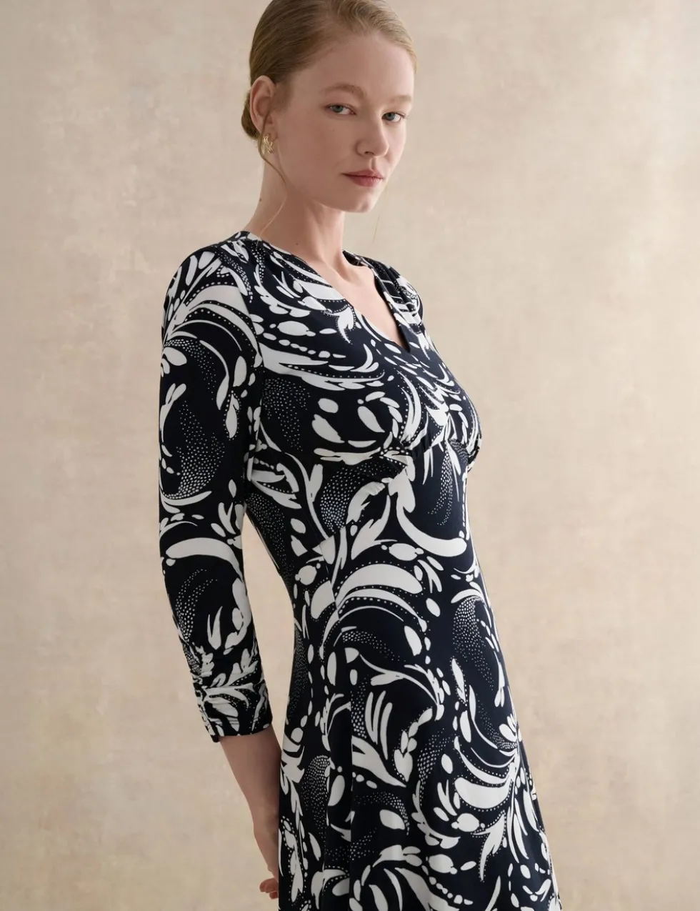 Printed V-Neck Midi Waisted Dress