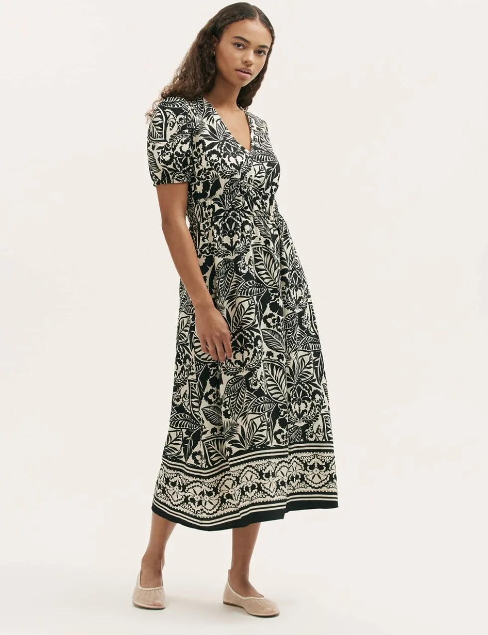 Printed V-Neck Midi Waisted Dress