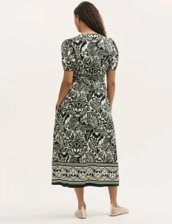 Printed V-Neck Midi Waisted Dress