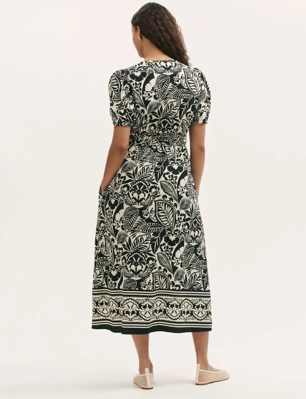 Printed V-Neck Midi Waisted Dress