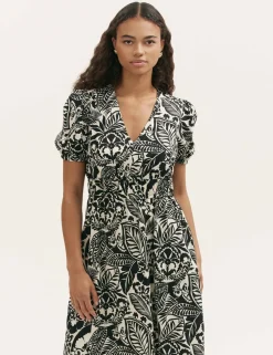Printed V-Neck Midi Waisted Dress