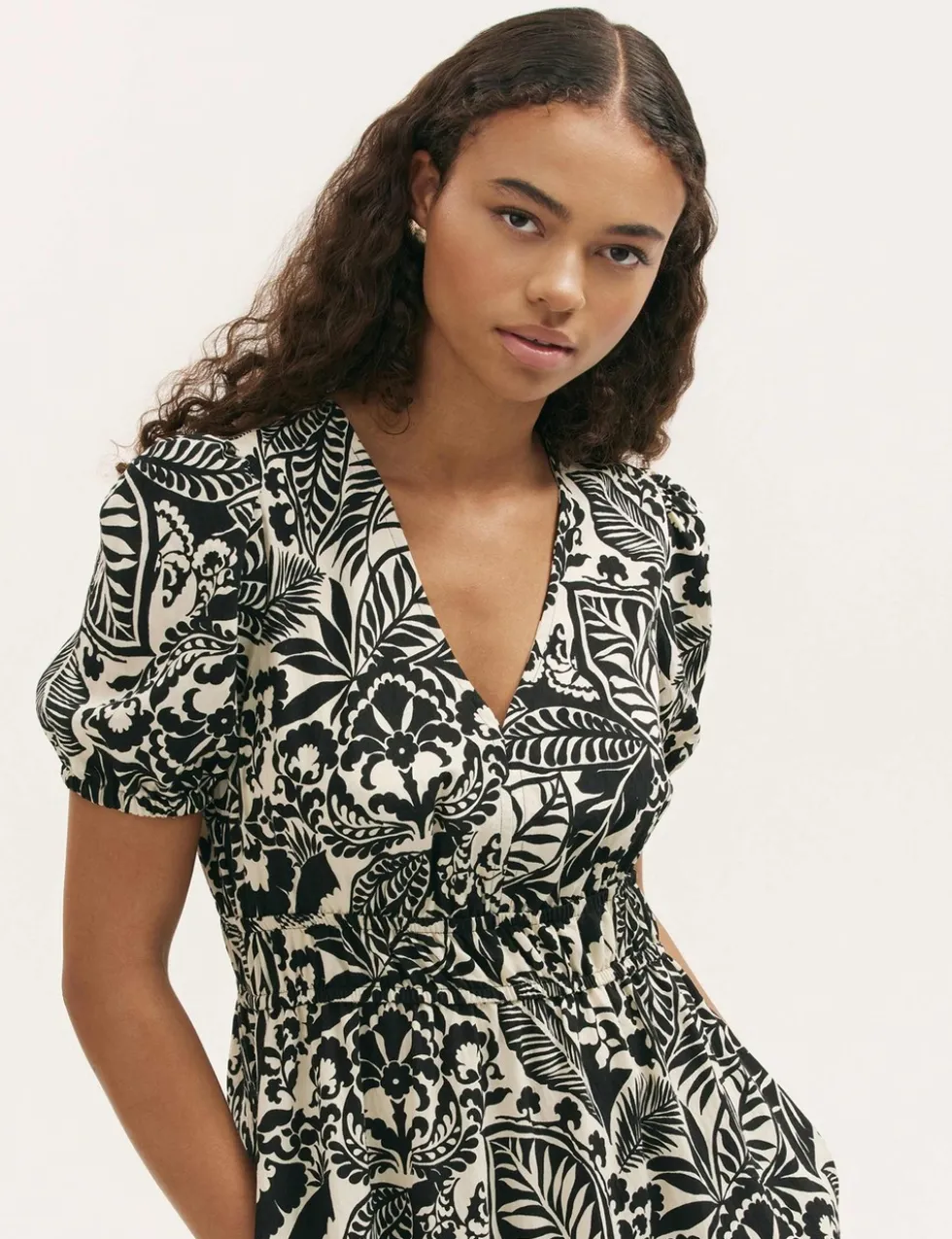 Printed V-Neck Midi Waisted Dress