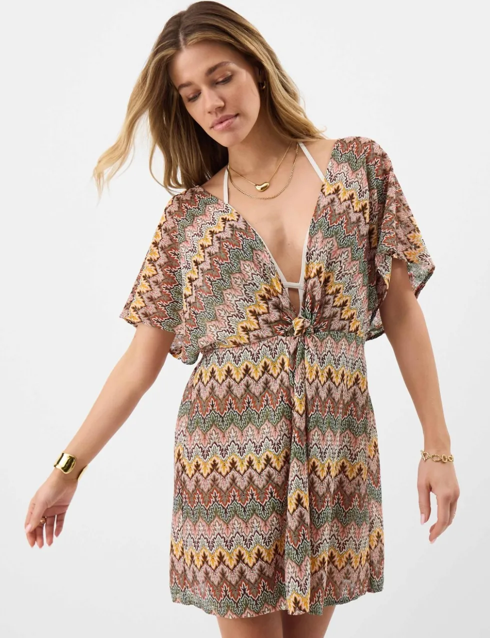 Printed V-Neck Mini Beach Cover Up Kaftan