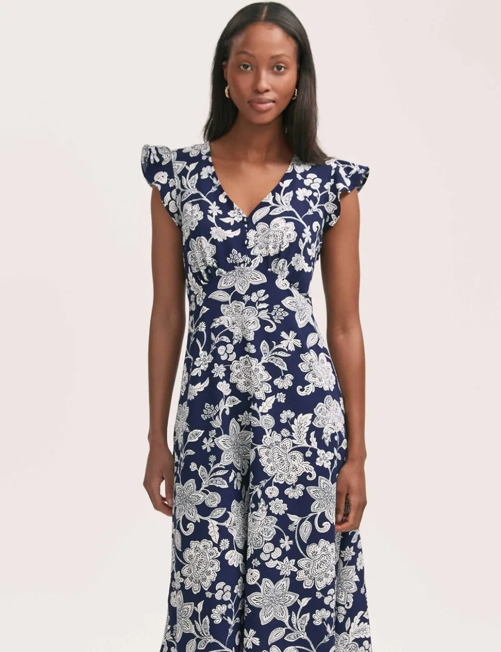Printed V-Neck Ruffle Midi Tea Dress