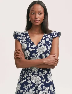 Printed V-Neck Ruffle Midi Tea Dress