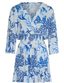 Printed V-Neck Shirred Mini Beach Dress