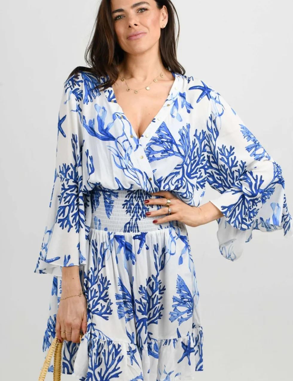 Printed V-Neck Shirred Mini Beach Dress