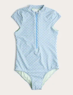 Printed Zip Through Cap Sleeve Swimsuit (6-16 Yrs)