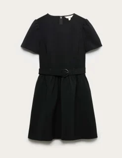 Puff Sleeve Belted Mini Skater Dress
