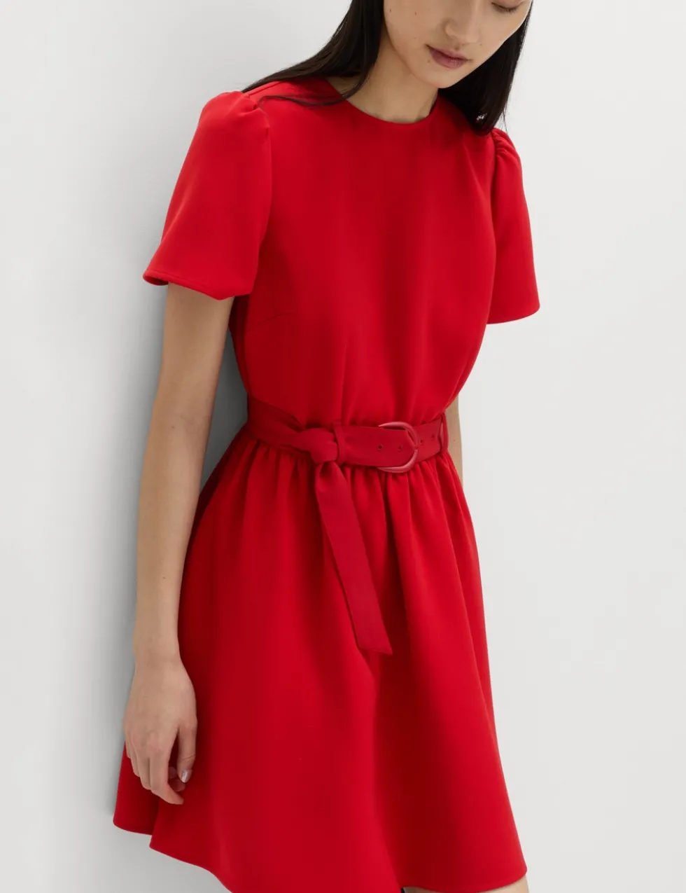 Puff Sleeve Belted Mini Skater Dress