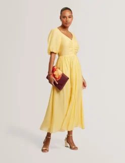 Puff Sleeve Ruched Midi Waisted Dress