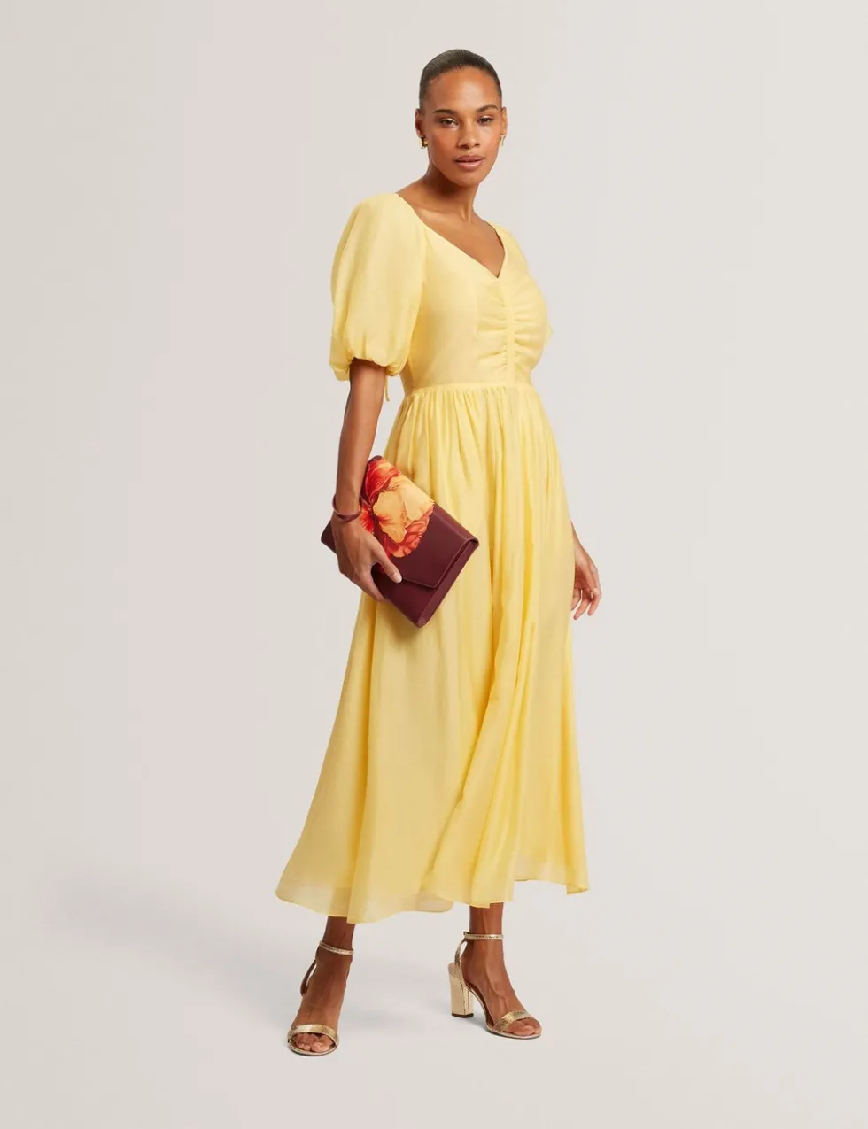 Puff Sleeve Ruched Midi Waisted Dress