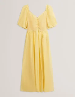 Puff Sleeve Ruched Midi Waisted Dress