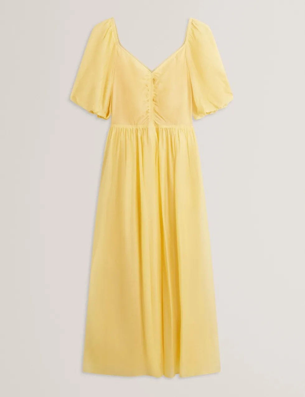 Puff Sleeve Ruched Midi Waisted Dress