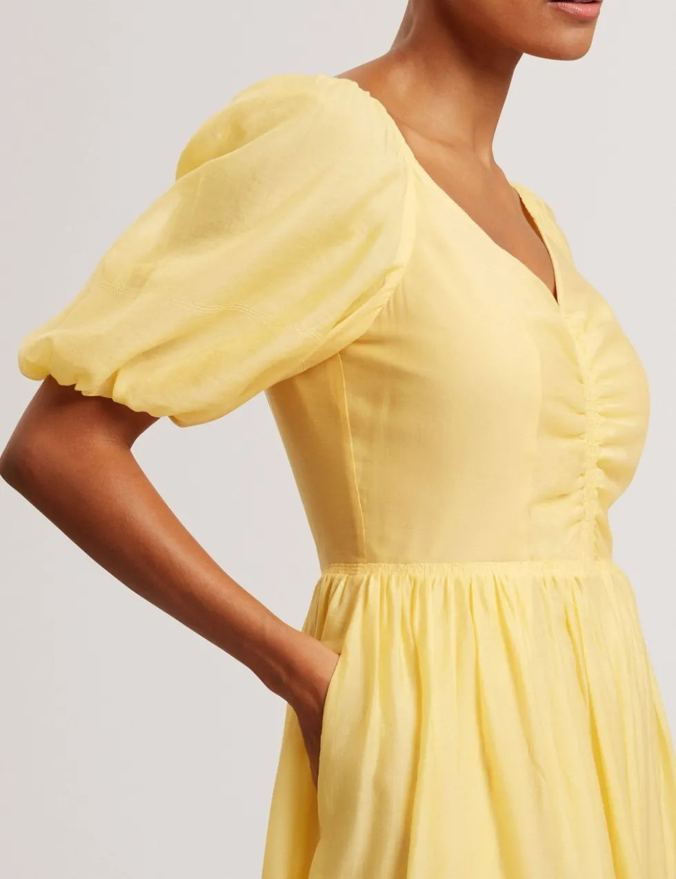 Puff Sleeve Ruched Midi Waisted Dress