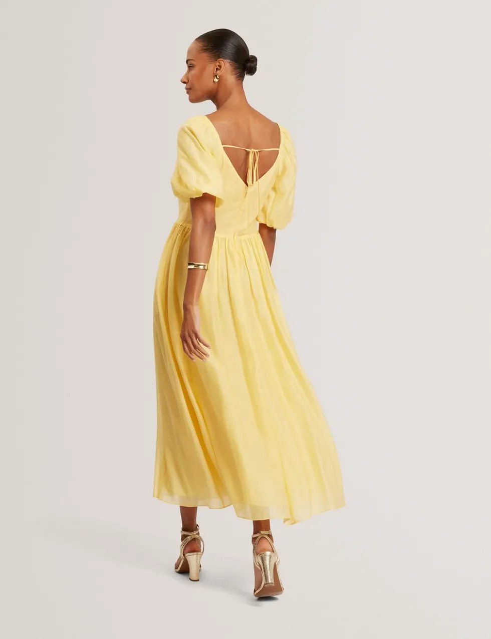 Puff Sleeve Ruched Midi Waisted Dress